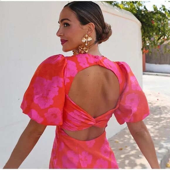 NWT ZARA PUFF SLEEVE JACQUARDβMINI DRESS Fuchsia | 8072/54 - Picture 7 of 16